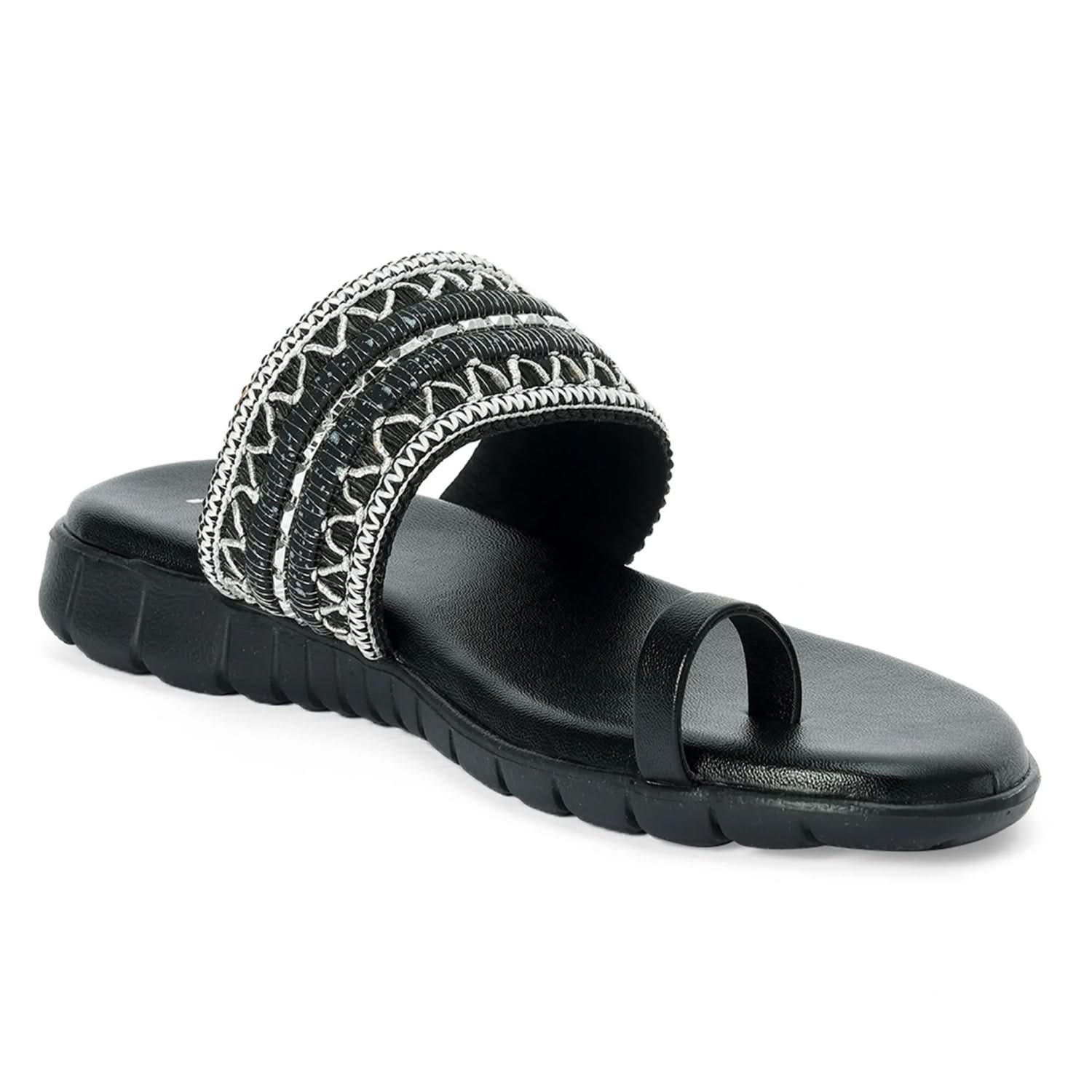 Jet Black Woven Toe-Ring Comfort Slides with Silver Embellishment