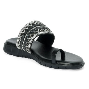 Jet Black Woven Toe-Ring Comfort Slides with Silver Embellishment