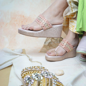 Beaded Glam Rose-Gold One-Toe Wedge Heels