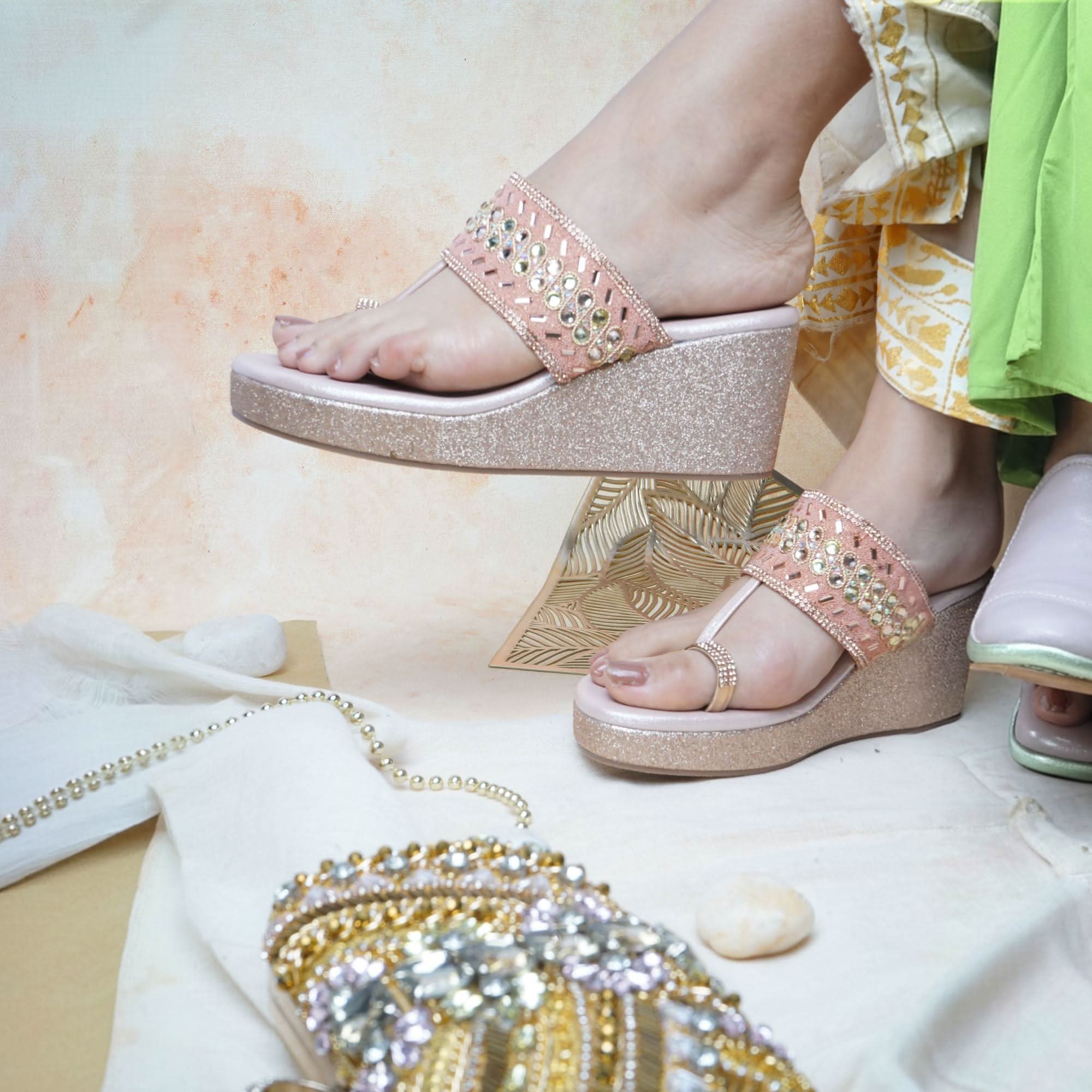 Beaded Glam Rose-Gold One-Toe Wedge Heels