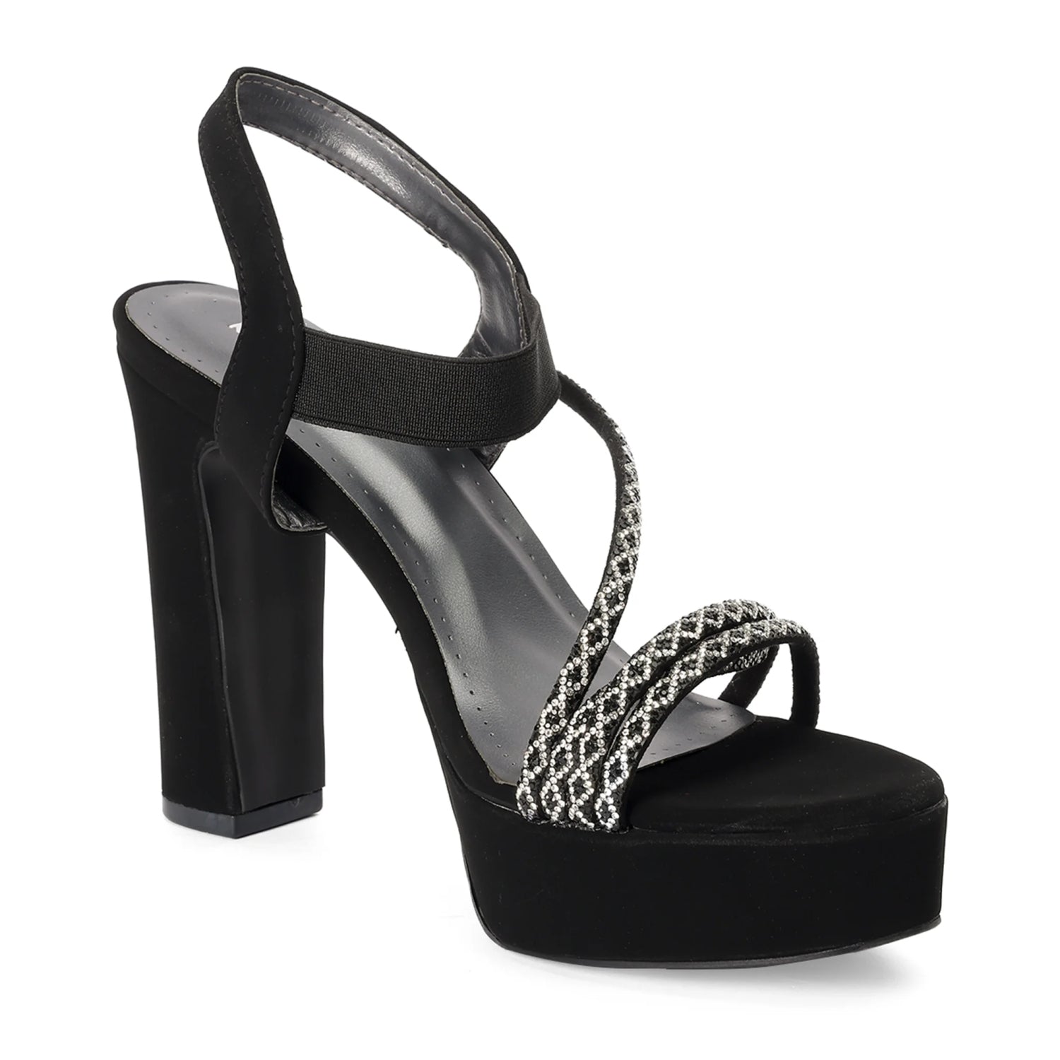 Embellished Black Stylish High Block Heel Sandals