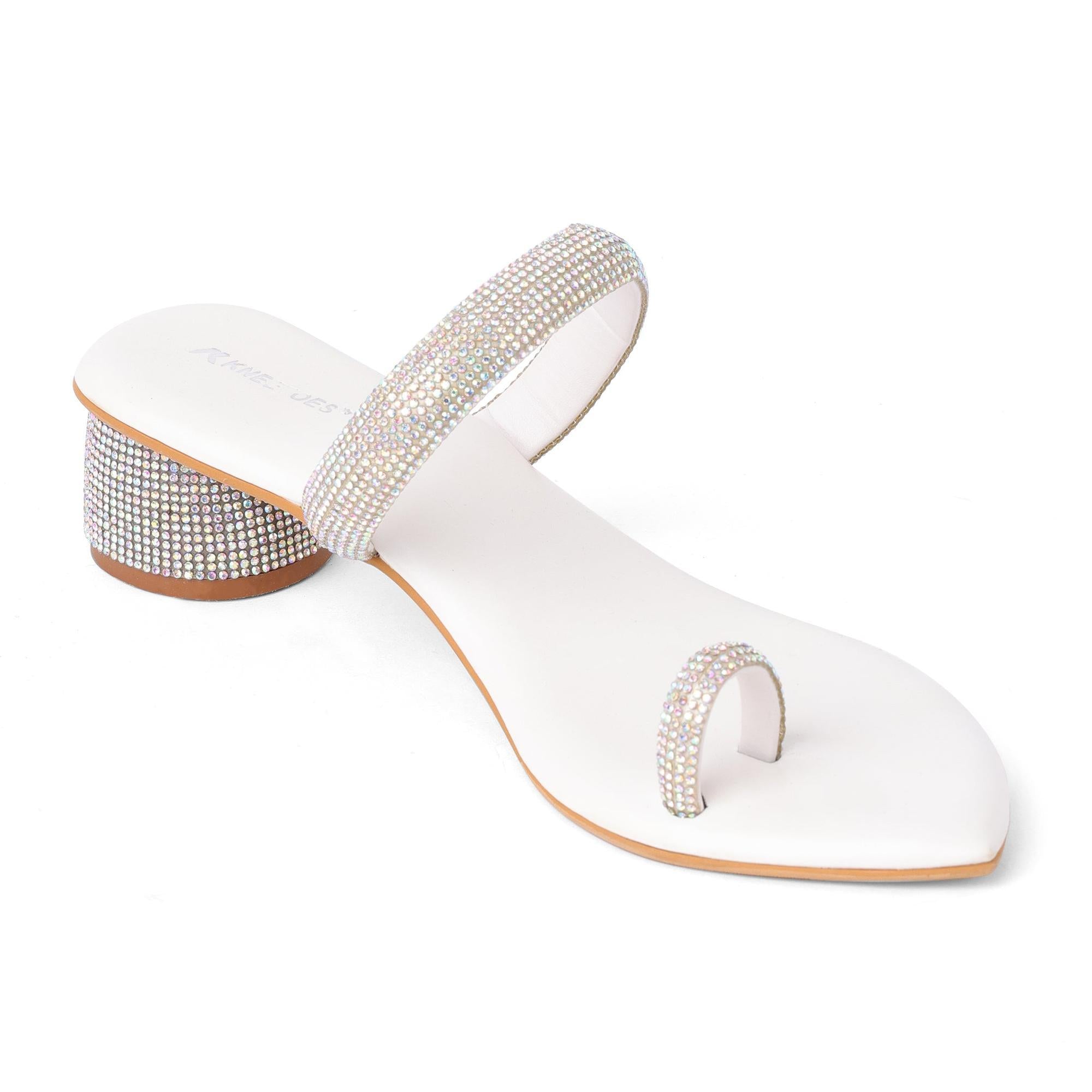 Twinkle Studs White Cylindrical Heel Sandals
