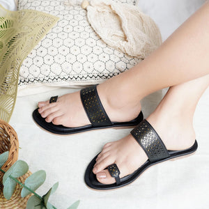 Black Laser-Cut One-Toe Sandals