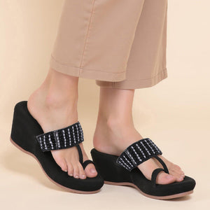Black Beaded Stone-Work Wedge Sandals