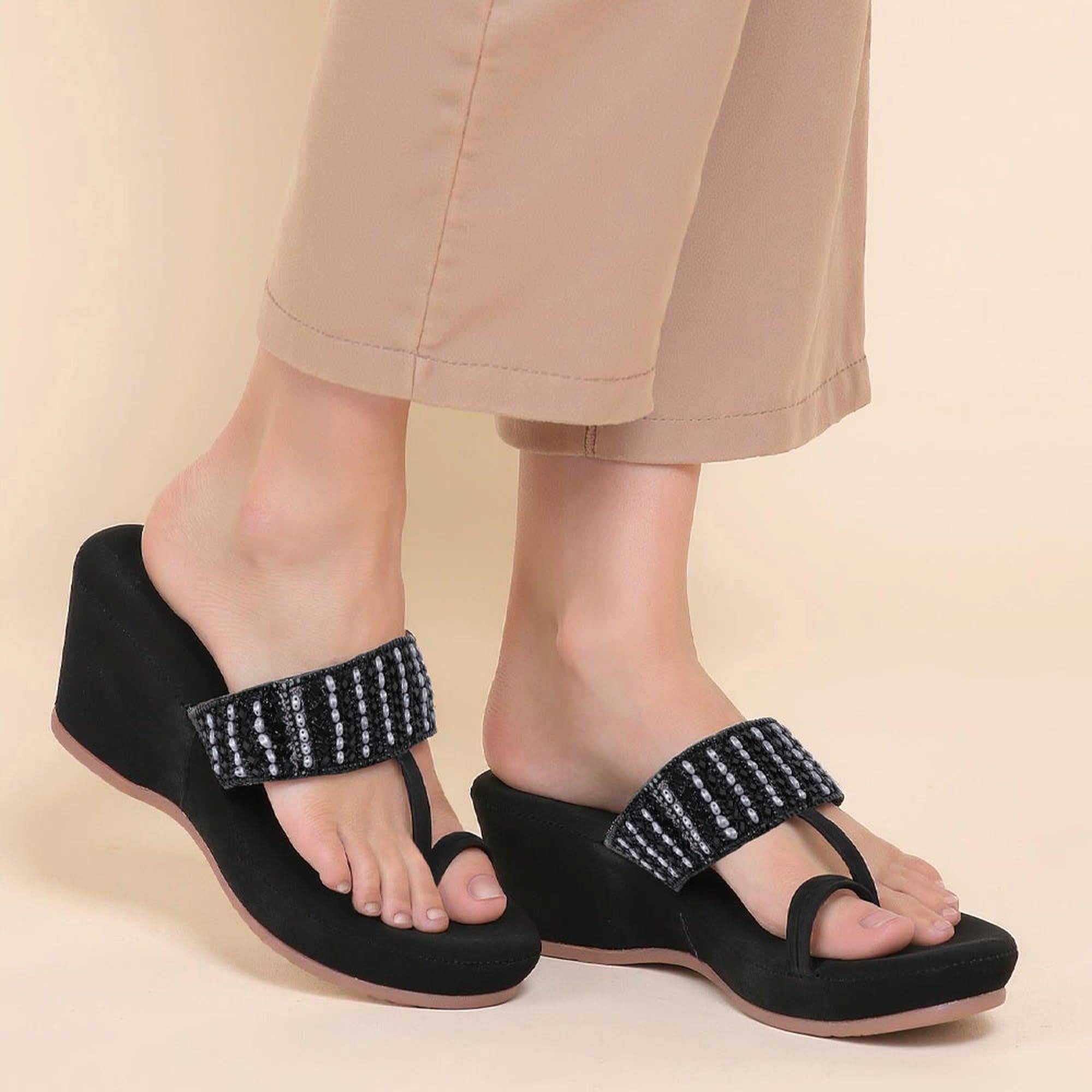 Black Beaded Stone-Work Wedge Sandals