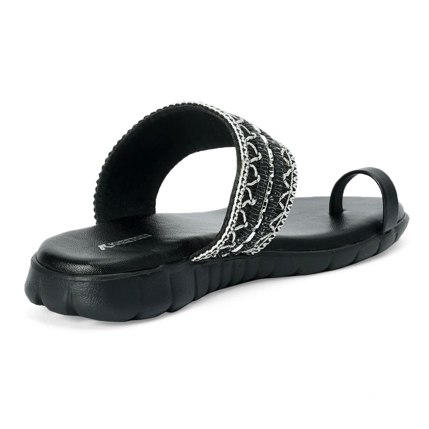 Jet Black Woven Toe-Ring Comfort Slides with Silver Embellishment