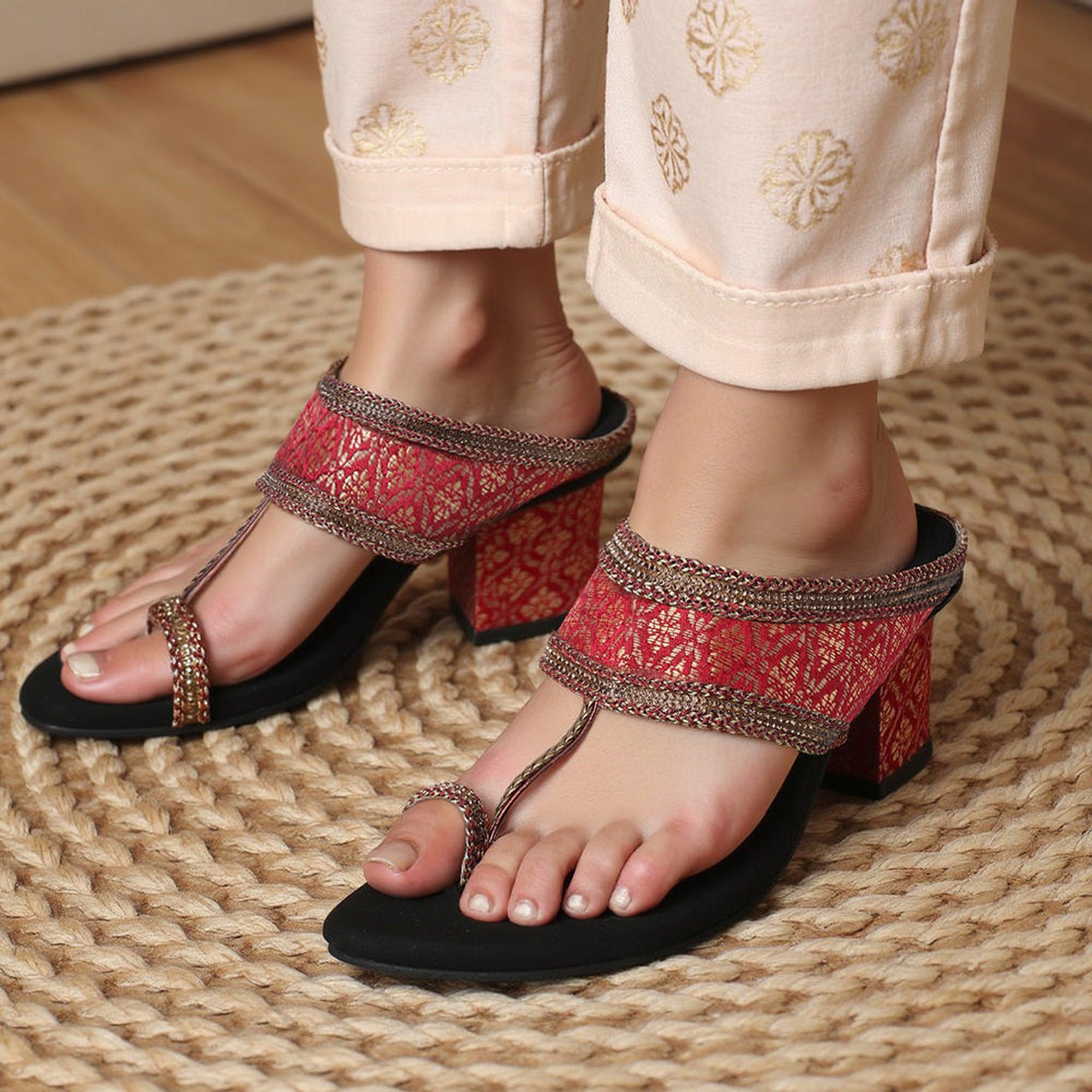 Regal Red Ethnic-Motif Block Heels