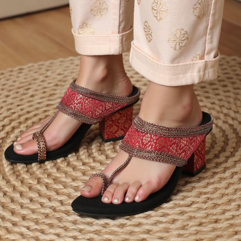 Regal Red Ethnic-Motif Block Heels