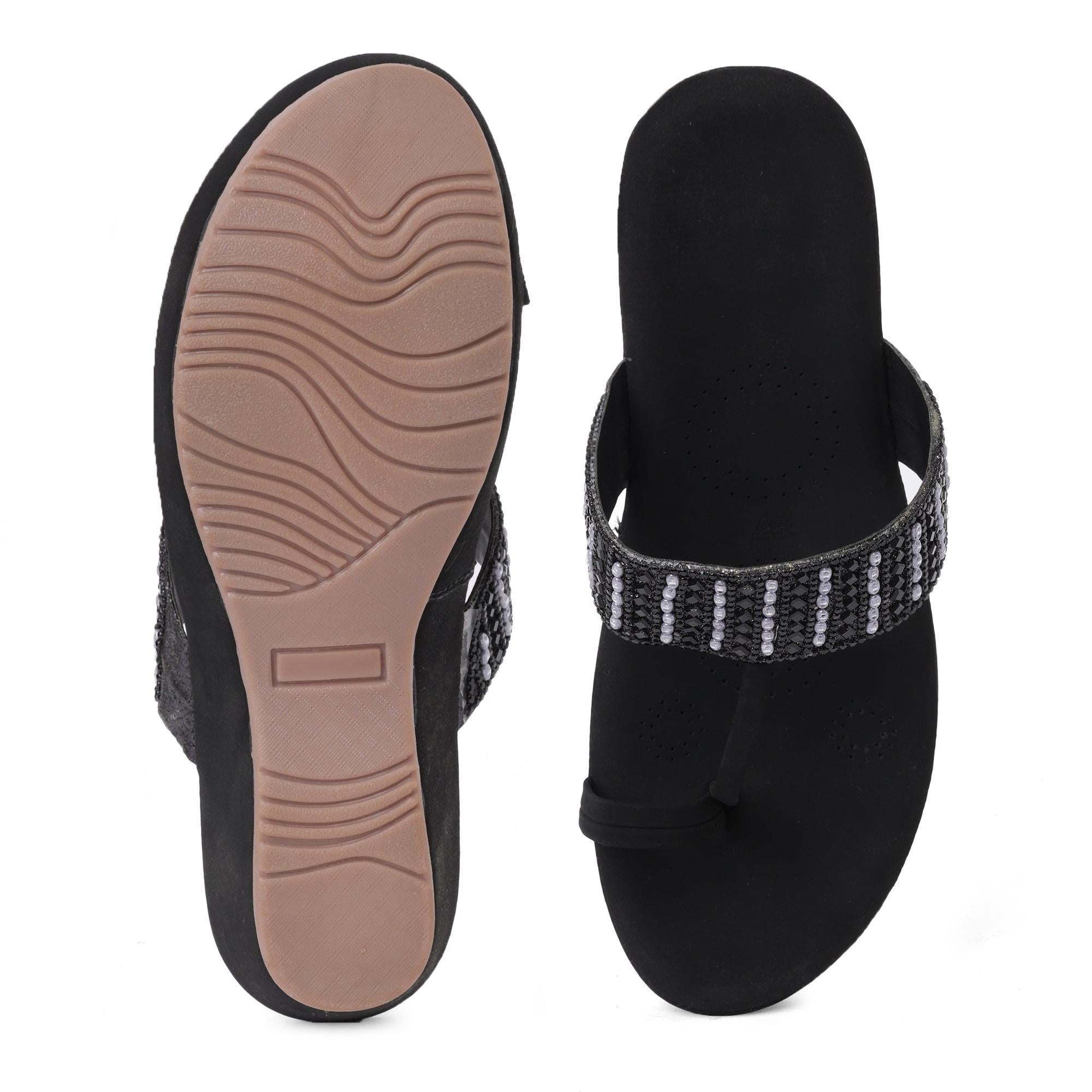 Black Beaded Stone-Work Wedge Sandals