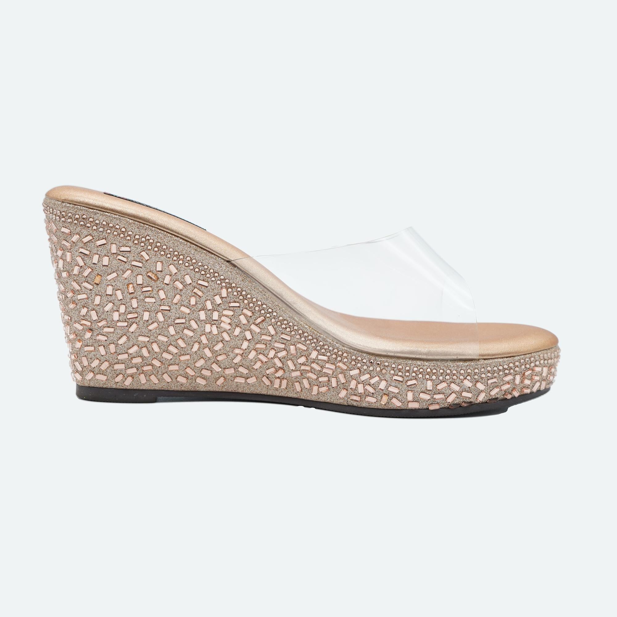 Luxe Shine Studded Champagne Wedge Heels