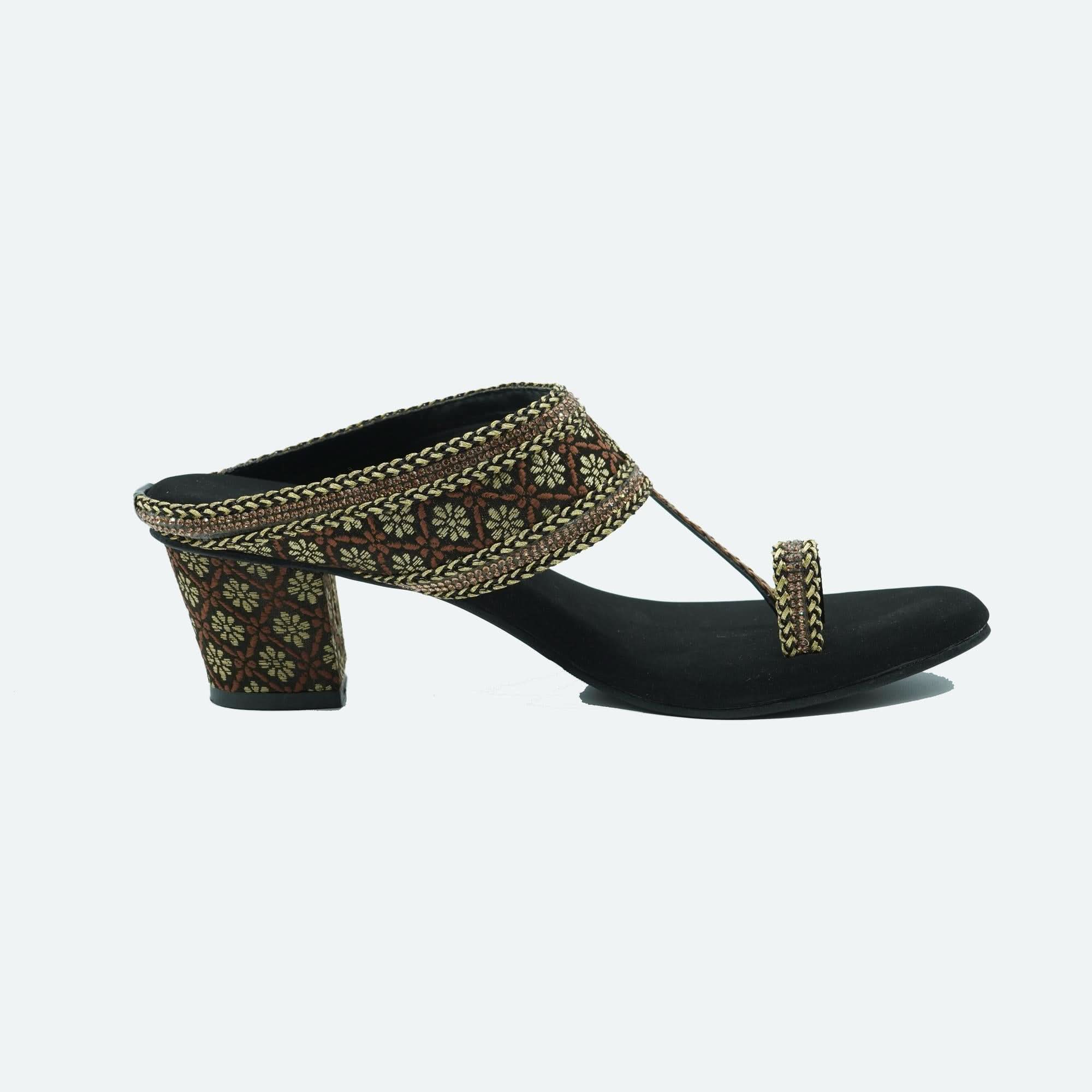 Elegant Black Ethnic-Motif Block Heels