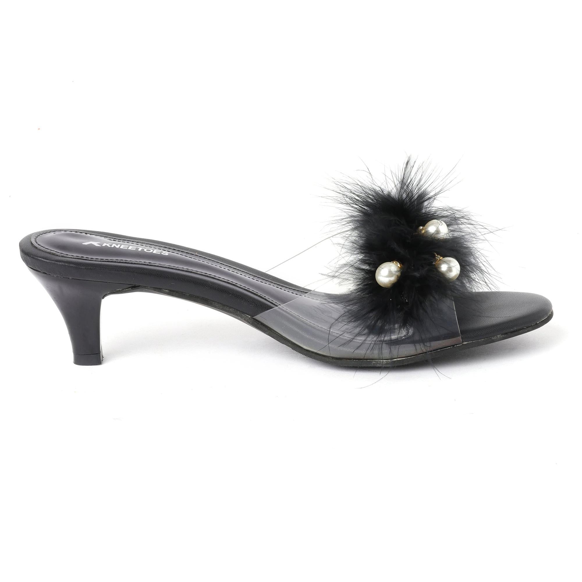 Black Soft Fur pearl Kitten Heels