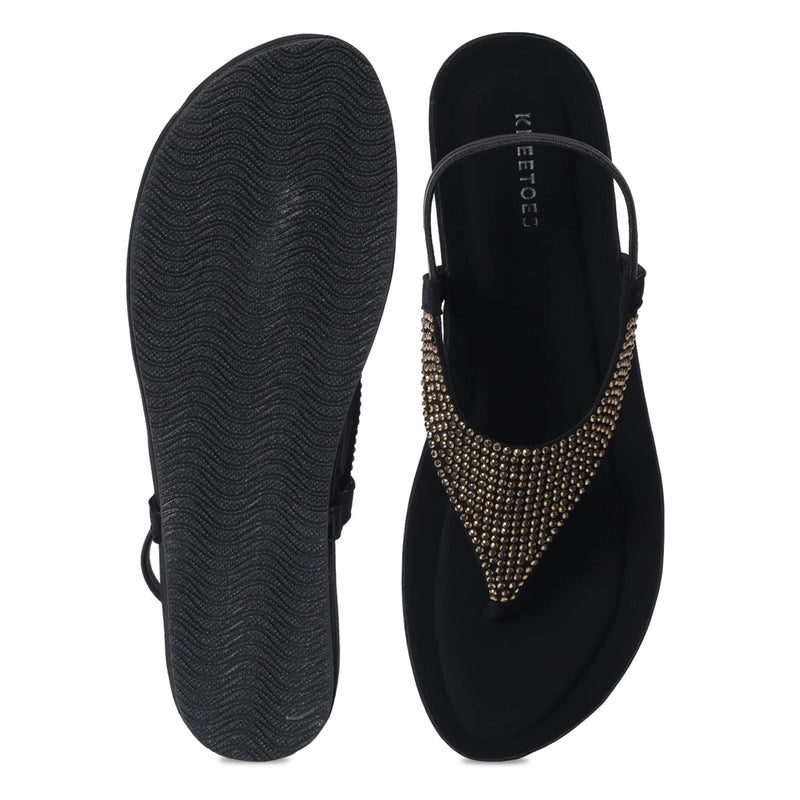 Rhinestone Embellished Black Thong Sandals