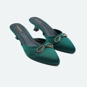 Dark-Green Solid Bow Kitten Mules