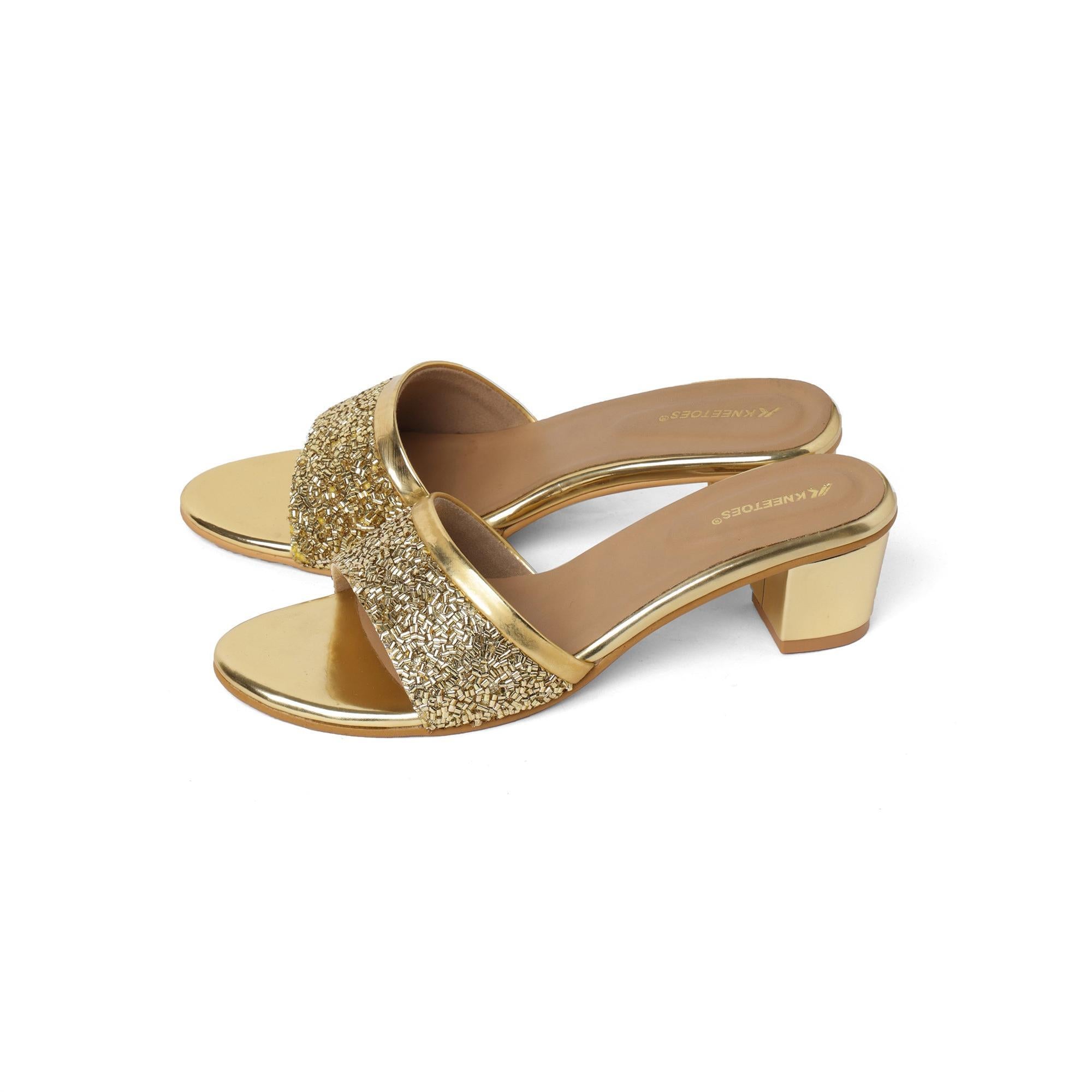Shine Pop Gold Beaded Block Sandals