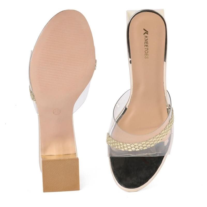 Gold Stone-Work Block Heel Sandals