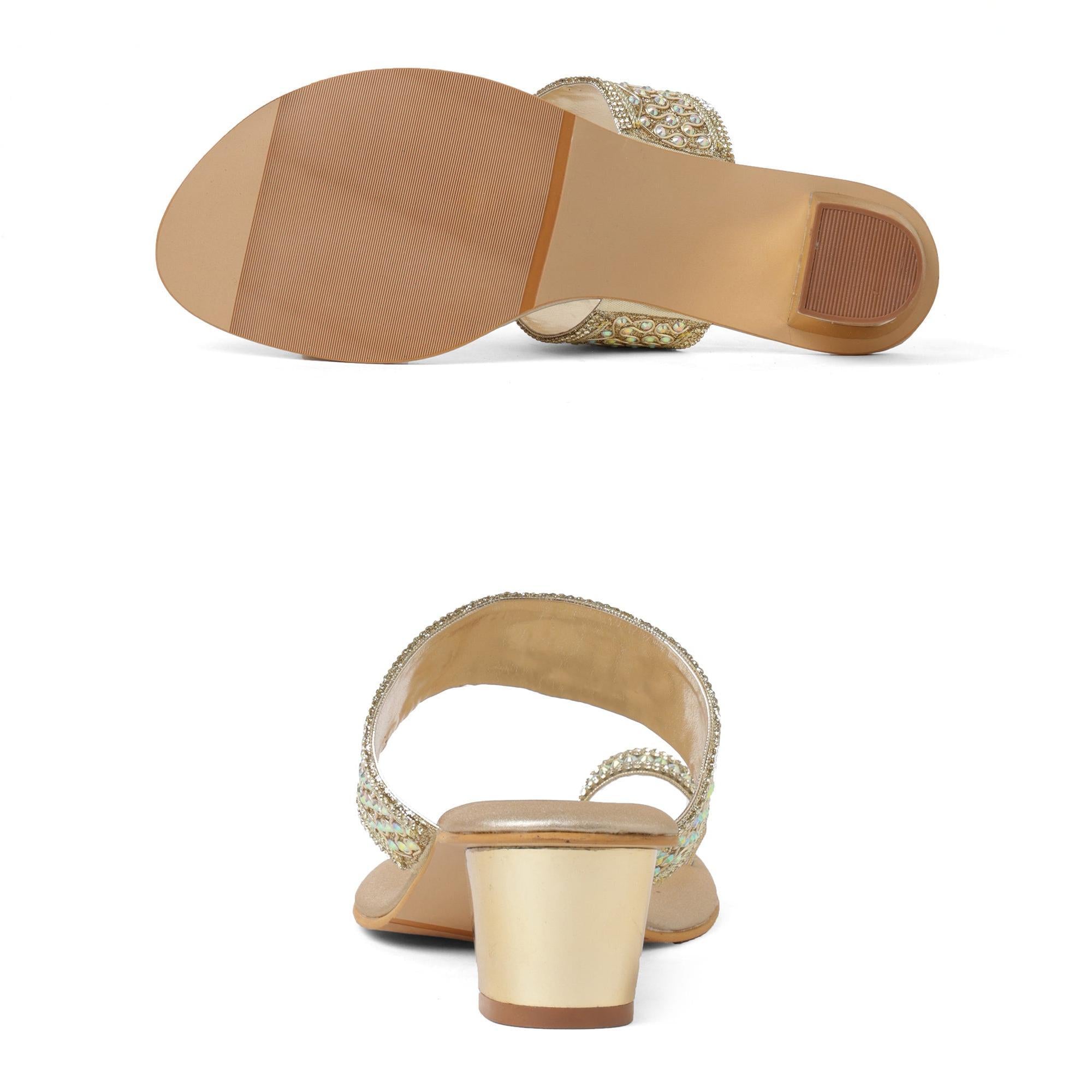 Glam Studded Champagne Block Heel Sandals