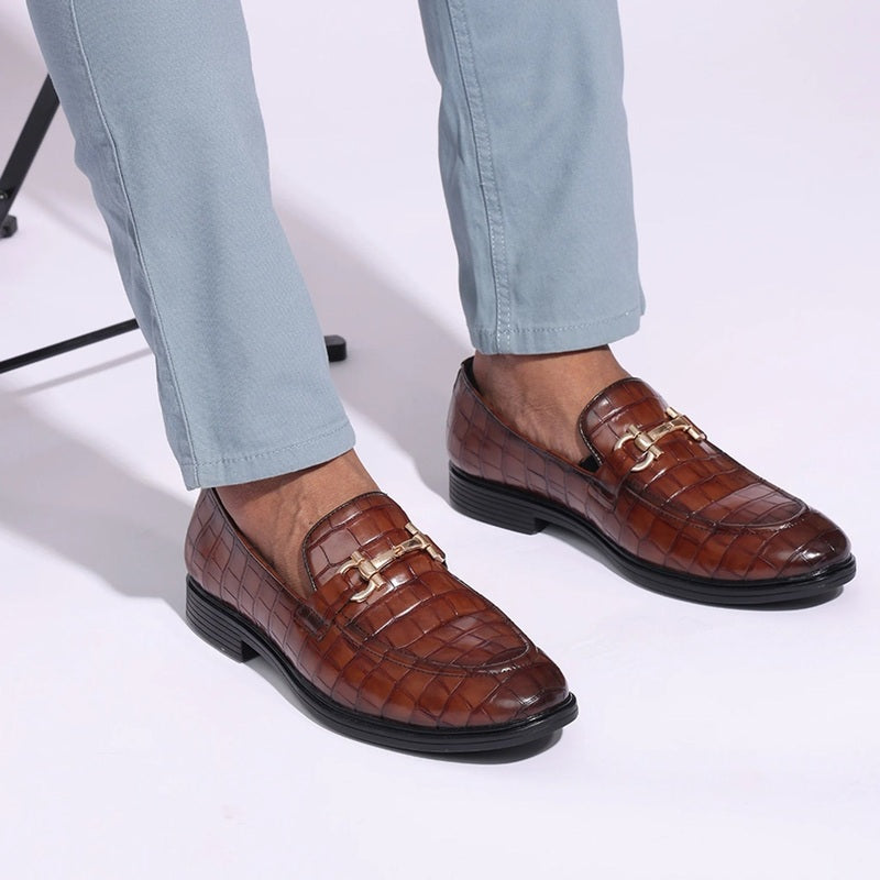 Tan Croc-Embossed Leather Loafers
