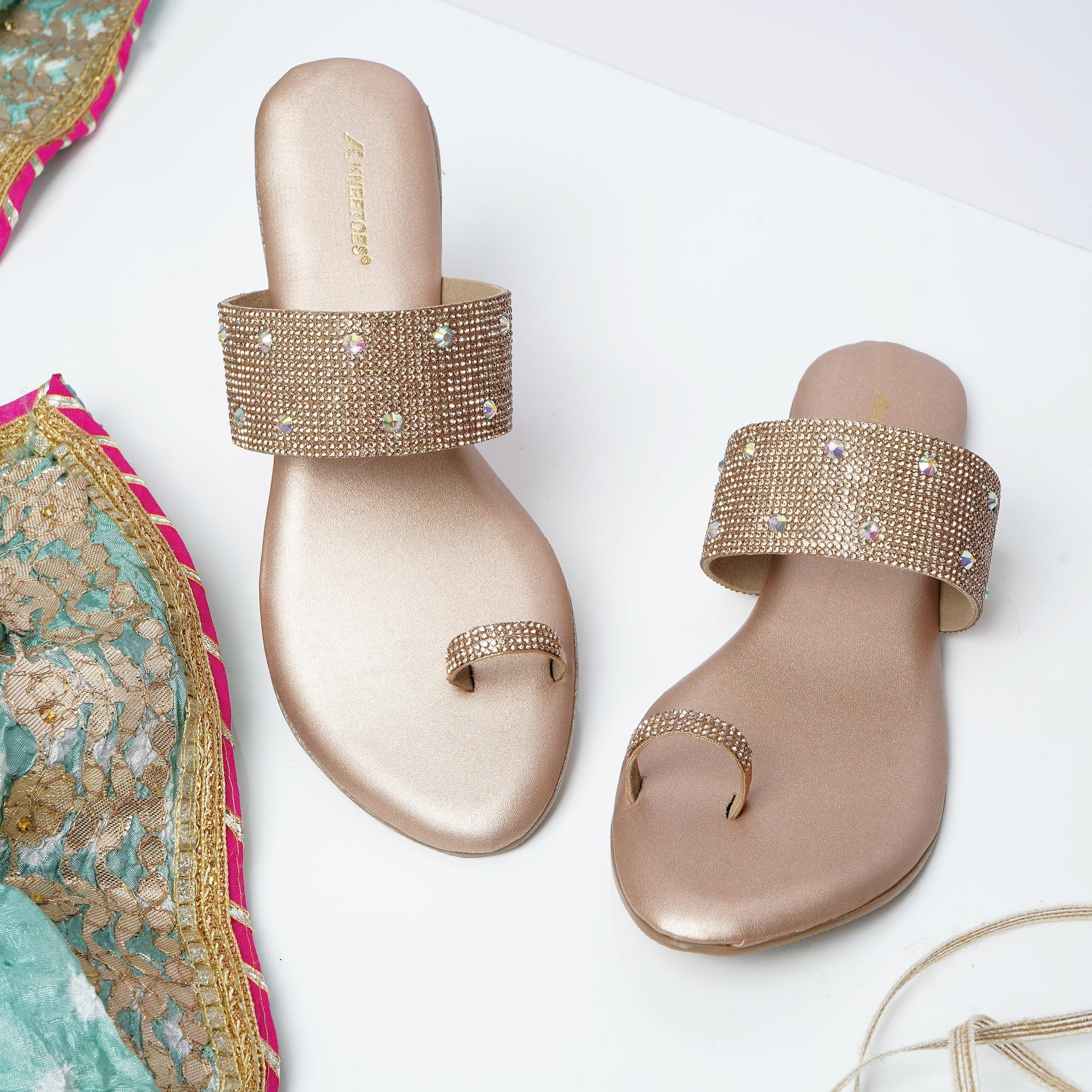 Gemglow Embellished Rose Gold One-Toe Sandals