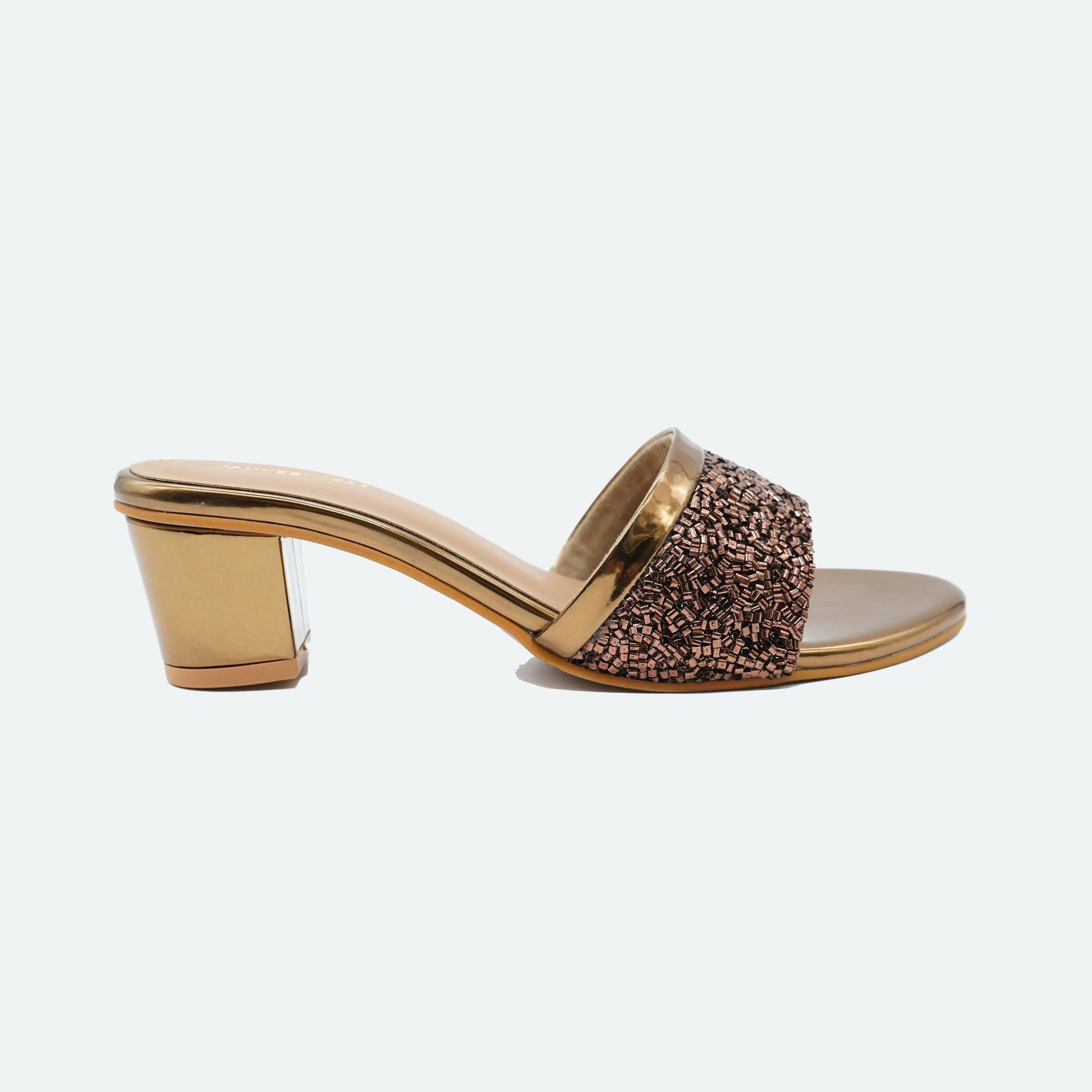 Shine Pop Bronze Beaded Block Sandals