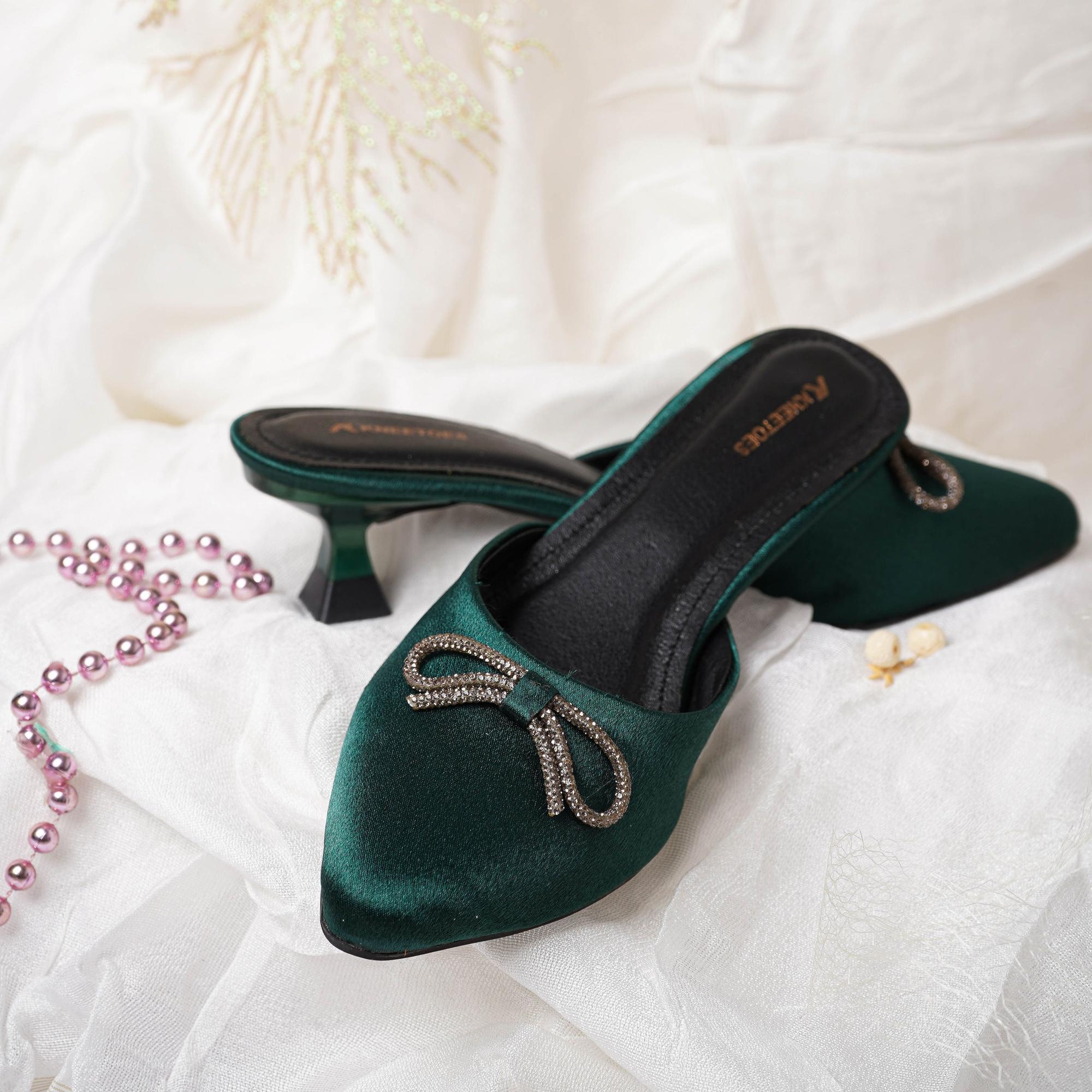 Dark-Green Solid Bow Kitten Mules