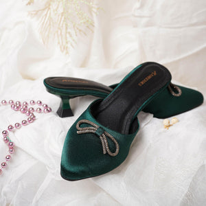 Dark-Green Solid Bow Kitten Mules