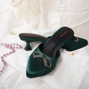 Dark-Green Solid Bow Kitten Mules