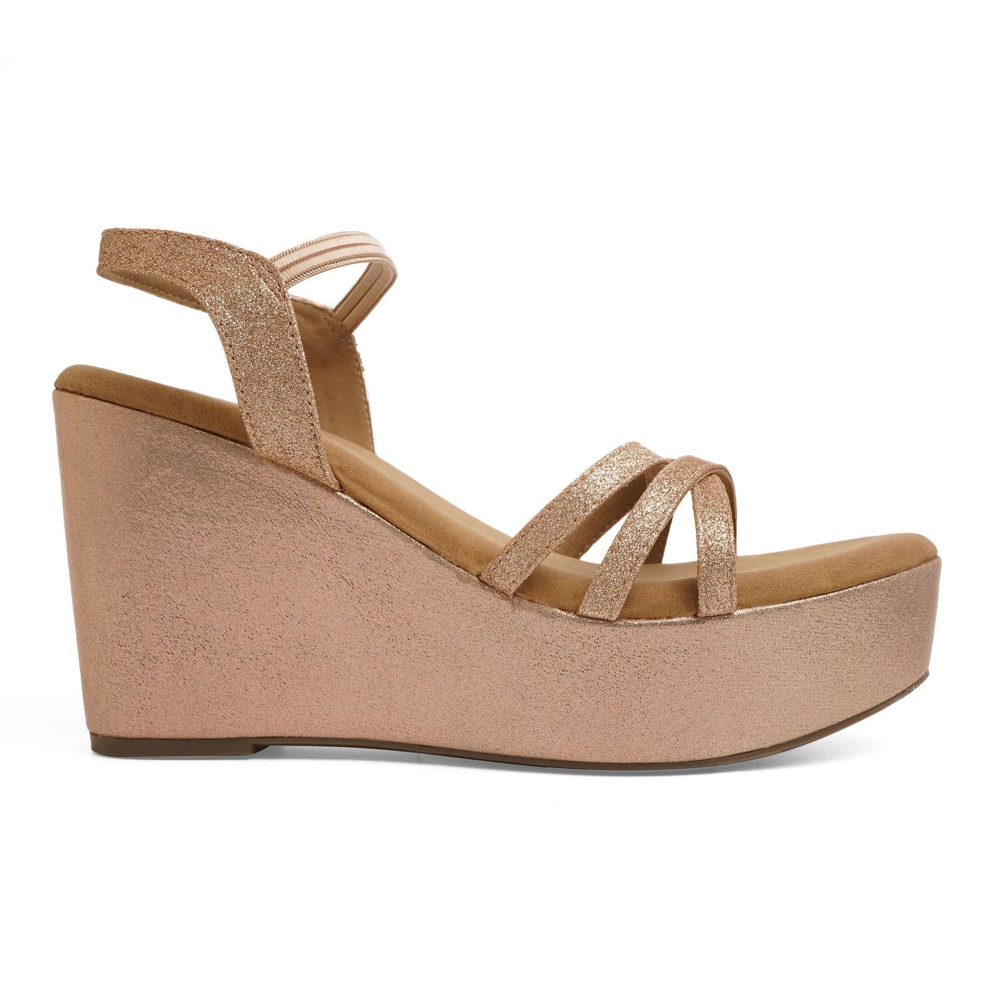 Rose-Gold Shimmer Criss-Cross Wedge Sandals