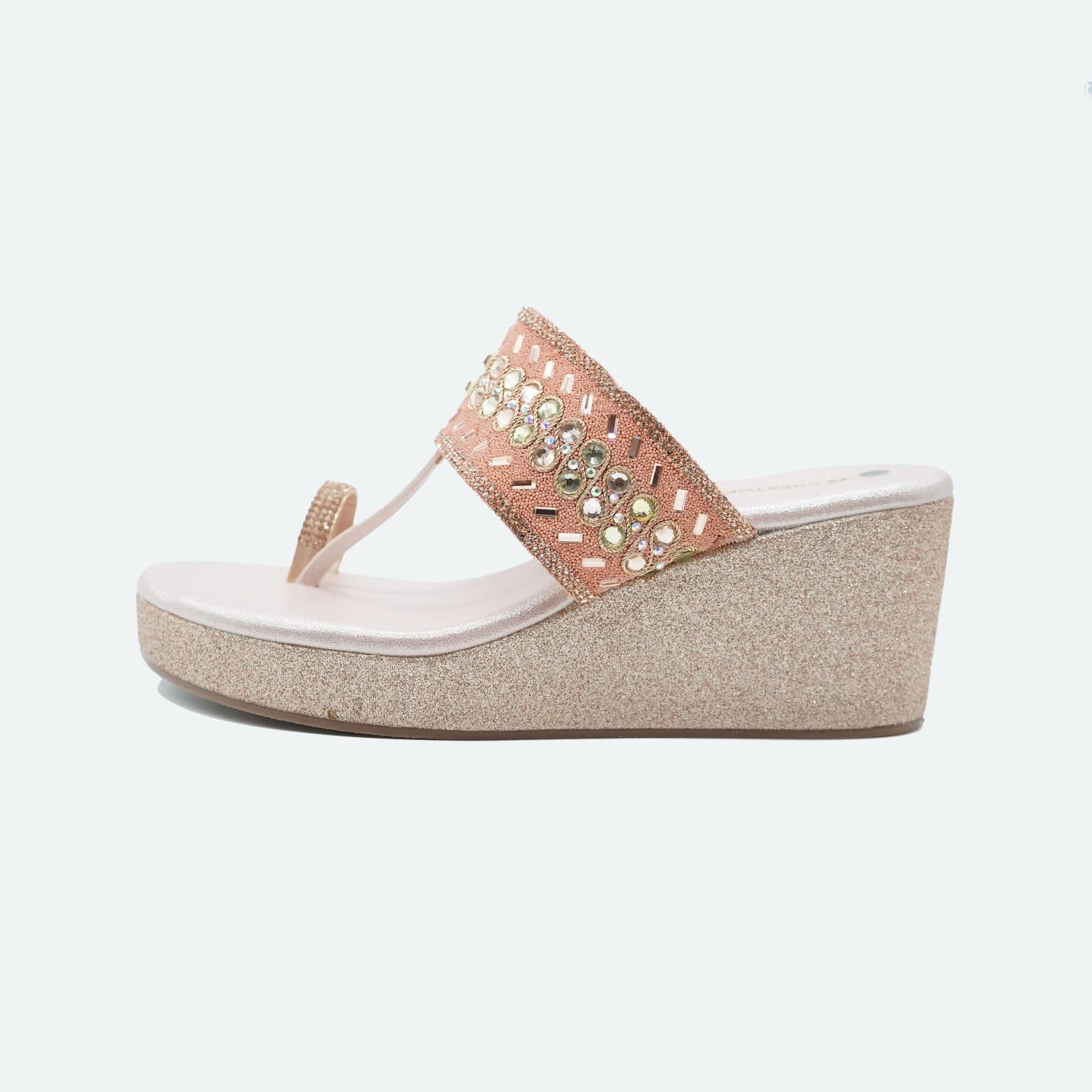 Beaded Glam Rose-Gold One-Toe Wedge Heels