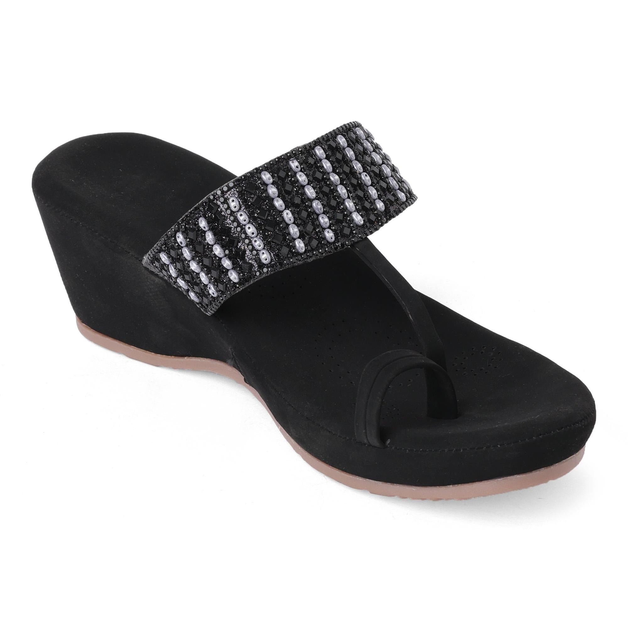Black Beaded Stone-Work Wedge Sandals