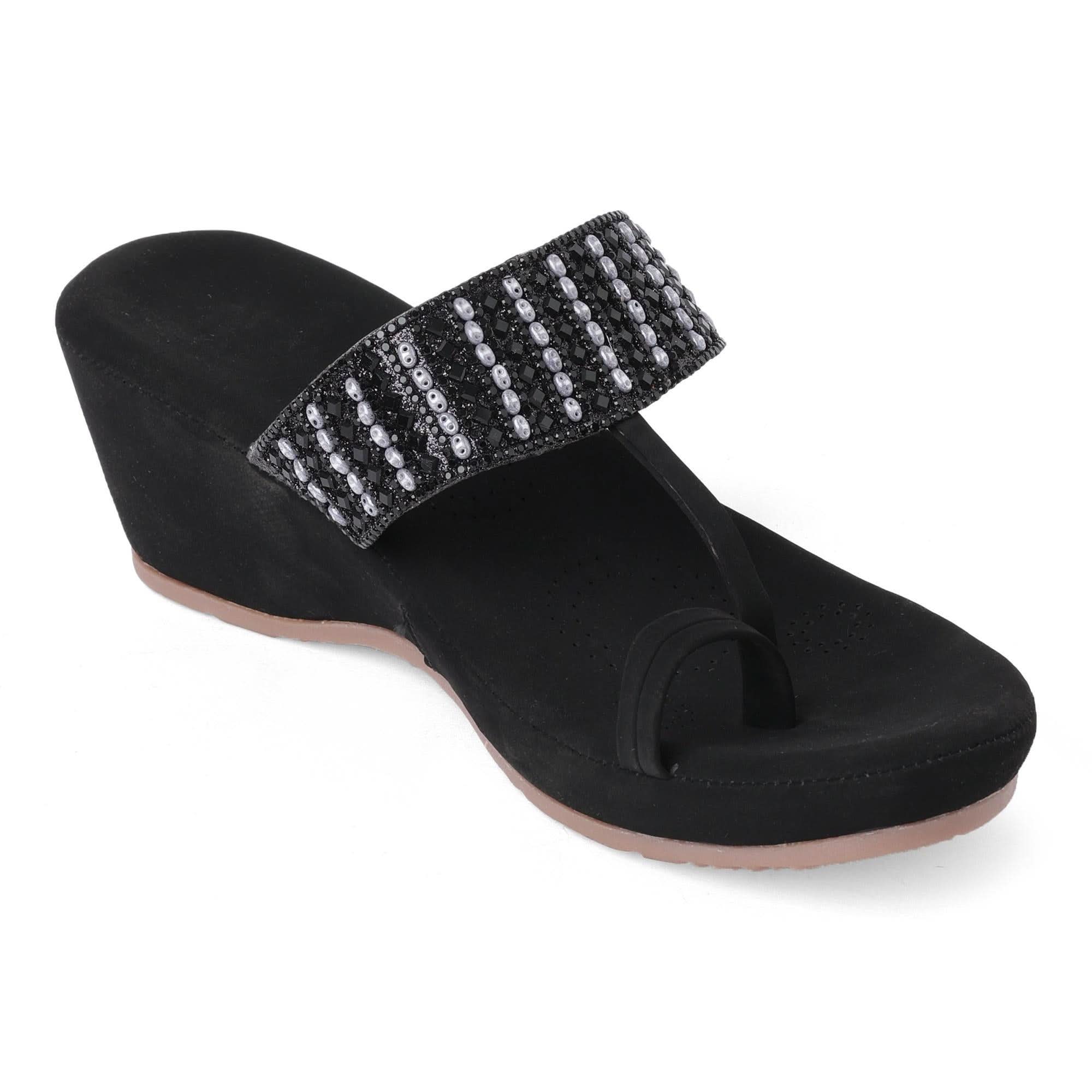Black Beaded Stone-Work Wedge Sandals
