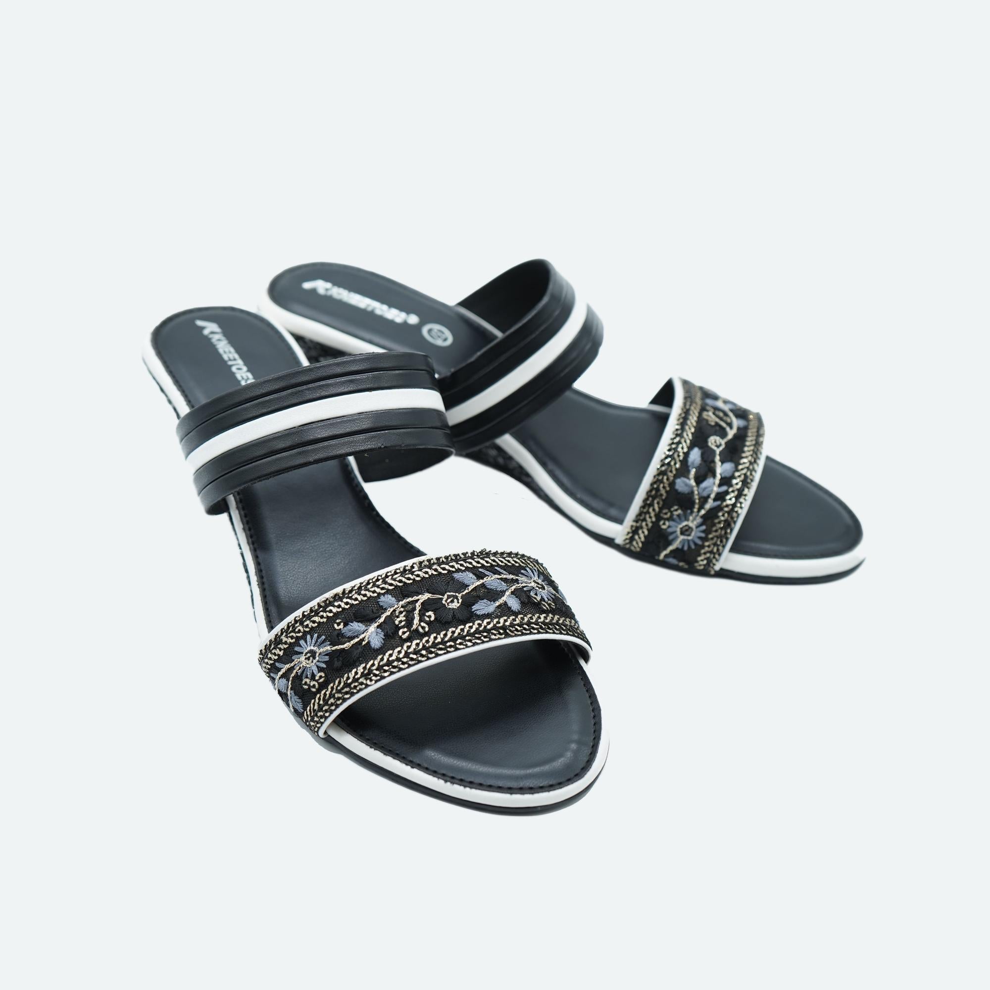Bold Black Embroidered Wedge Sandals