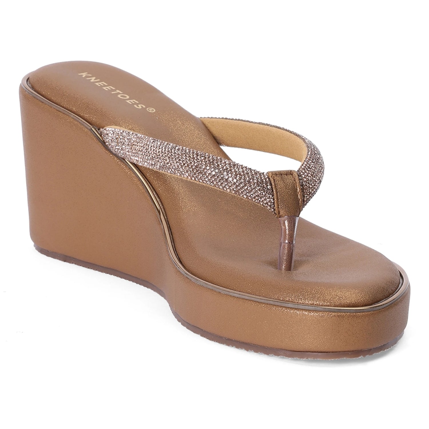 Embellished Brown Wedge Heel Thong Sandals
