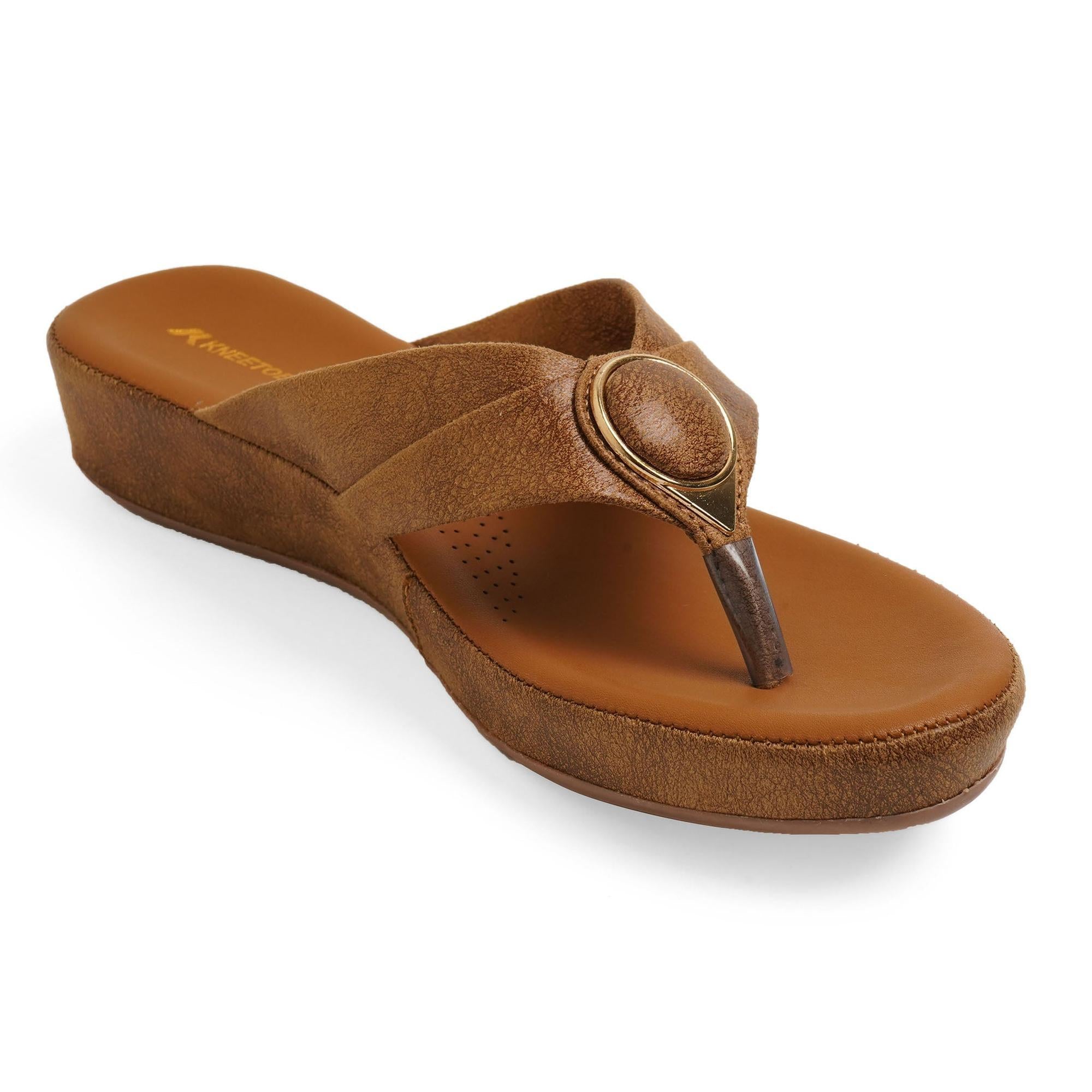 Subtle Brown Leather Wedge Thong Sandals