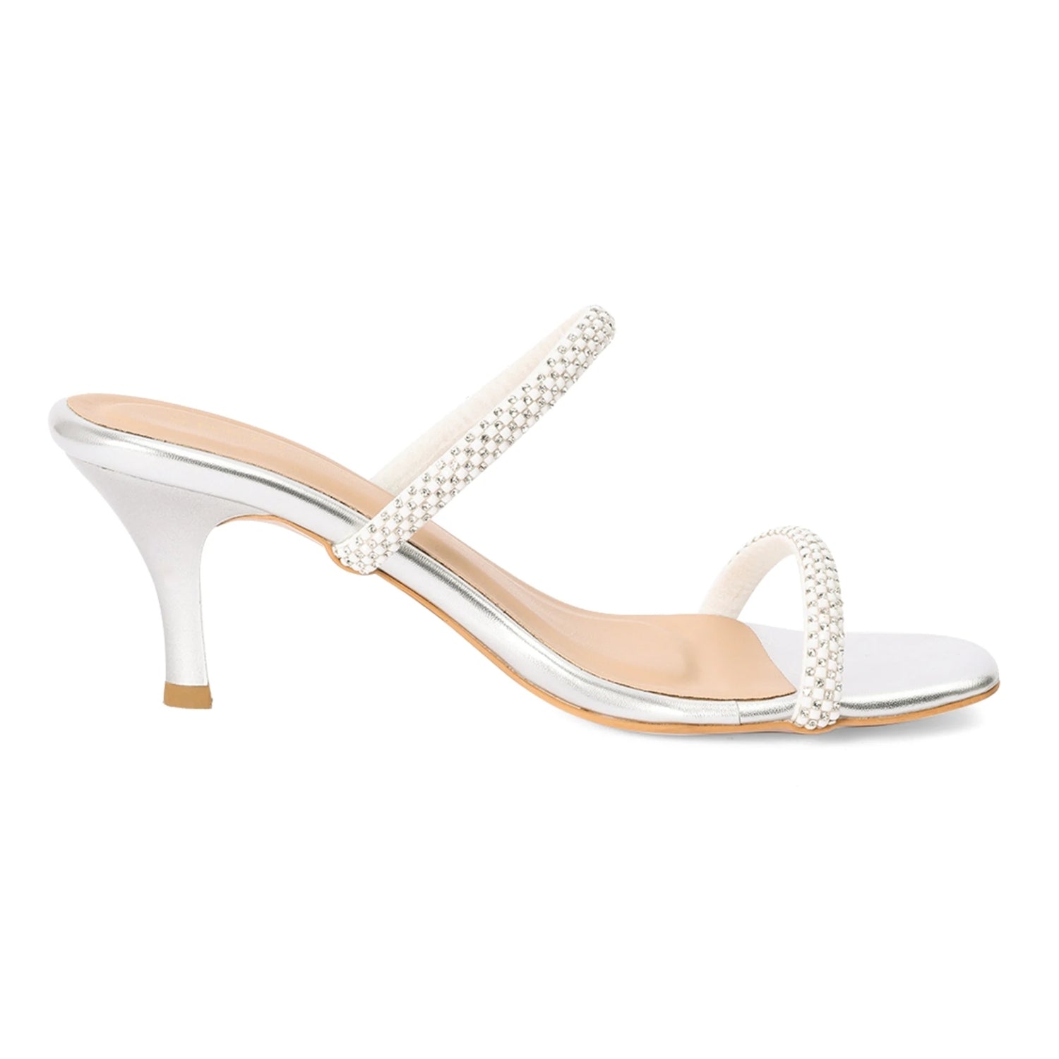 Silver Kitten Heel Square-Toe Sandals