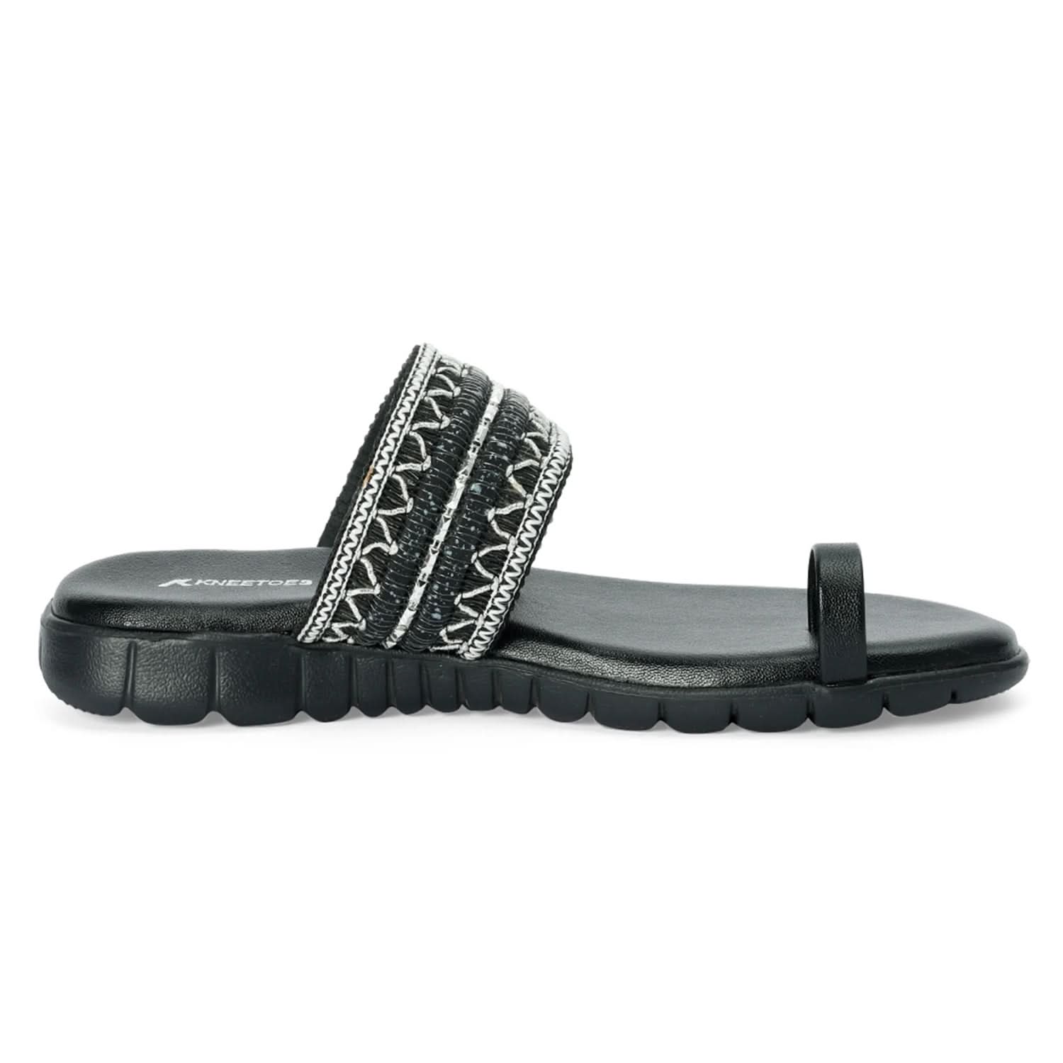 Jet Black Woven Toe-Ring Comfort Slides with Silver Embellishment