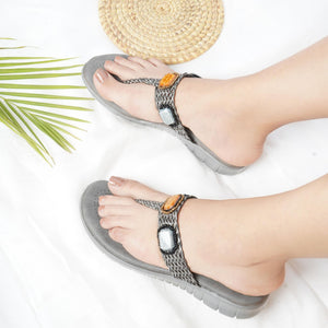 Bold Gem-Studded Grey T-Strap Sandals