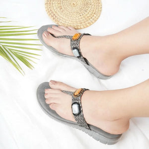 Bold Gem-Studded Grey T-Strap Sandals