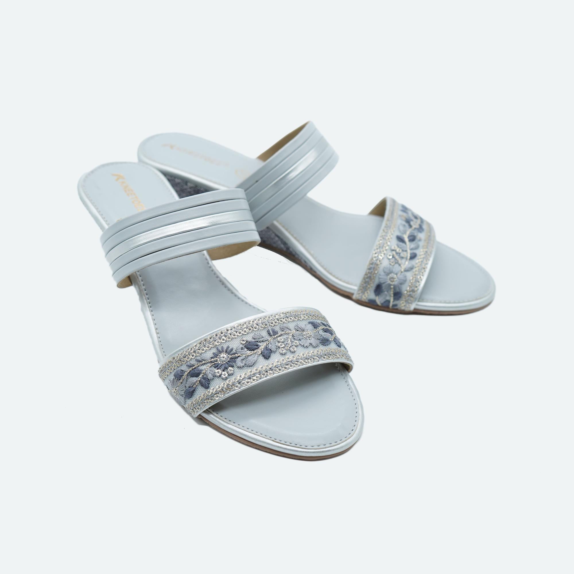Soft Light-Grey Embroidered Wedge Sandals