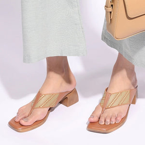 Tan Tribal Pattern Block Heel Square-Toe Thong Sandals