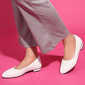 Textured White Lightweight Block Heel Ballerinas