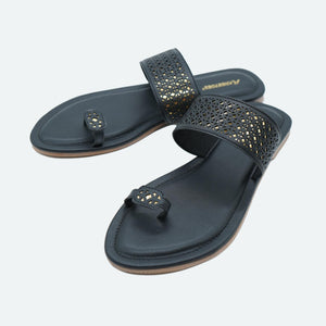 Black Laser-Cut One-Toe Sandals