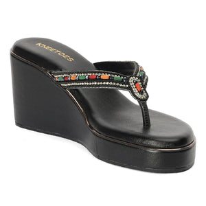 Embellished Premium Black Wedge Thong Sandals