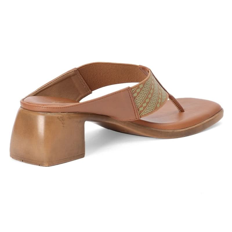 Tan Tribal Pattern Block Heel Square-Toe Thong Sandals