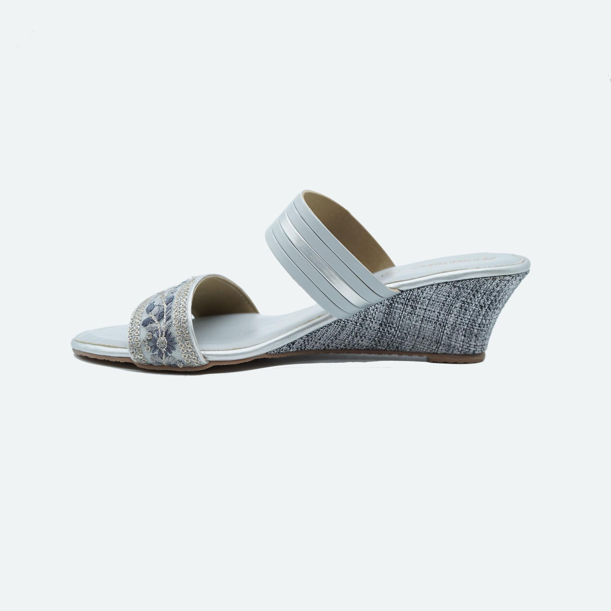 Soft Light-Grey Embroidered Wedge Sandals