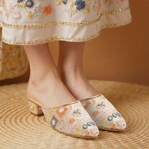 Fusion Embroidered Light-Pink Block Heel Mules