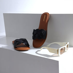 Jet Black Braided Casual Slippers