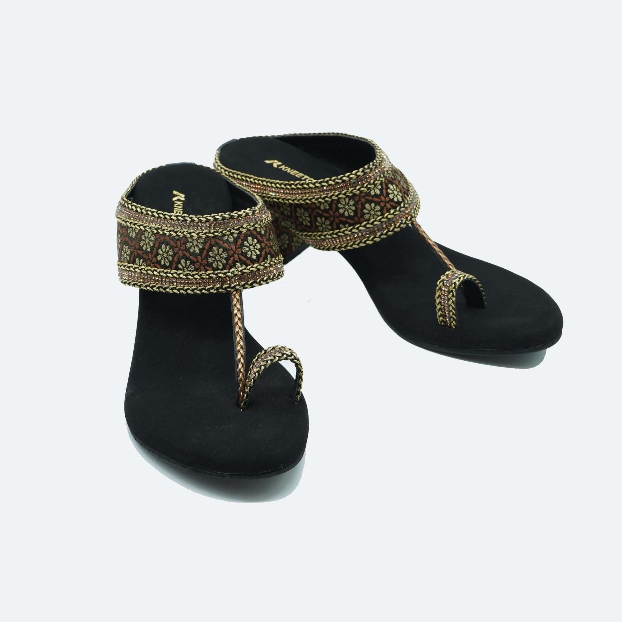 Elegant Black Ethnic-Motif Block Heels