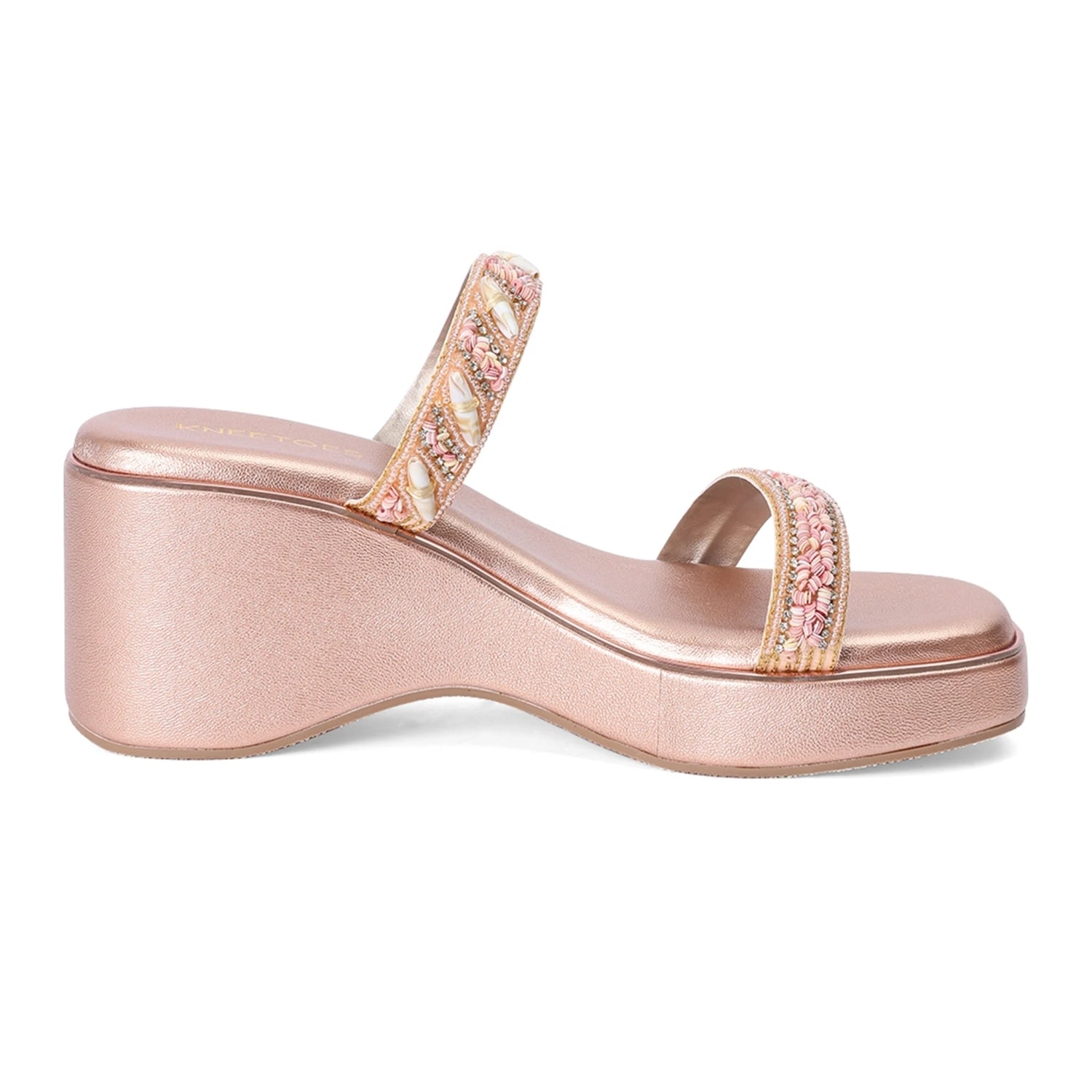 Rose-Gold Open-Toe Embellished Sandals With Wedge Heel