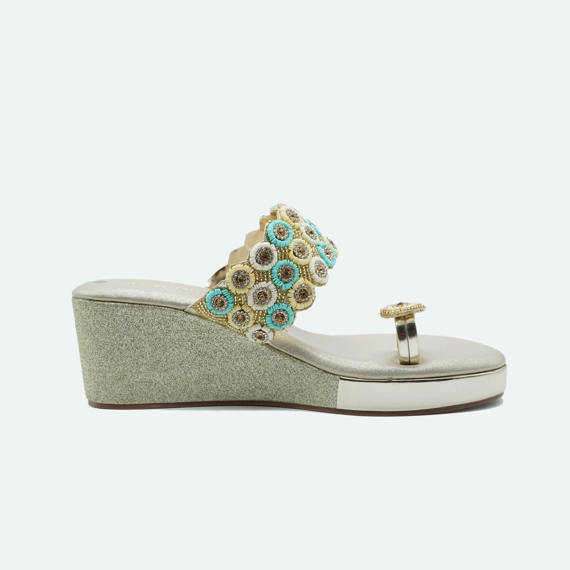 Sparkly Gold Beaded Wedge Sandals
